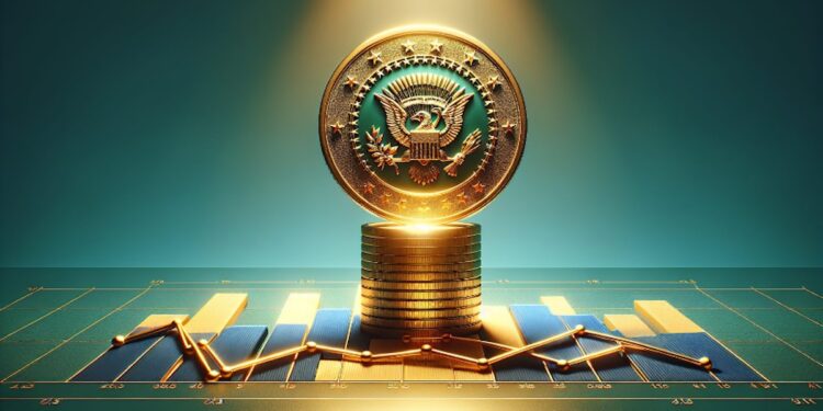 Escudo de la presidencia de Estados unidos sobre una pila de monedas.