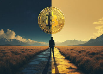 Hombre parado frente a un camino con un bitcoin al final.