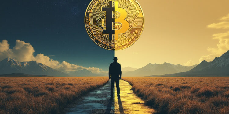 Hombre parado frente a un camino con un bitcoin al final.