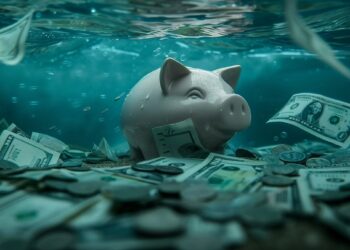 Alcancía o hucha de cerdo sumergida bajo el agua con billetes de dólar alrededor.