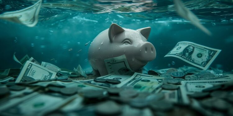 Alcancía o hucha de cerdo sumergida bajo el agua con billetes de dólar alrededor.