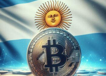 un bitcoin delante de una bandera argentina, arte digital