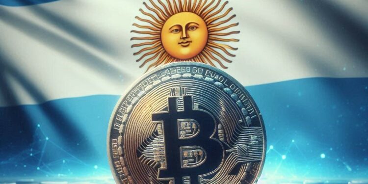 un bitcoin delante de una bandera argentina, arte digital
