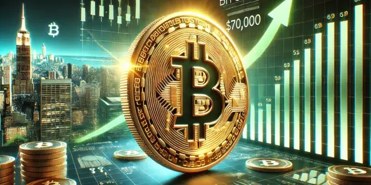 Bitcoin tocó los 70.000 dólares. Fuente: imagen generada por CriptoNoticias mediante Dall-E, de OpenAI.