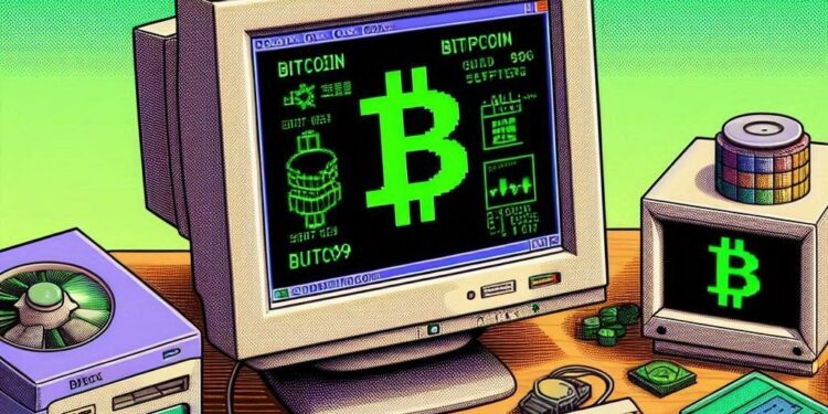 un programa de computadora estilo windows 98 que enseña sobre bitcoin, estilo software antiguo