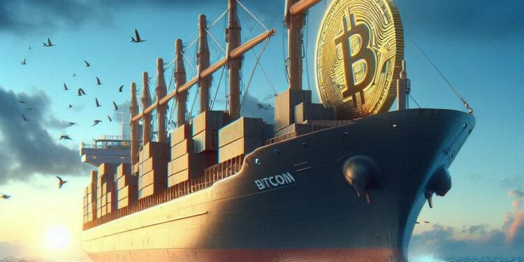 un barco de bitcoin llegando a tierra, estilo realista