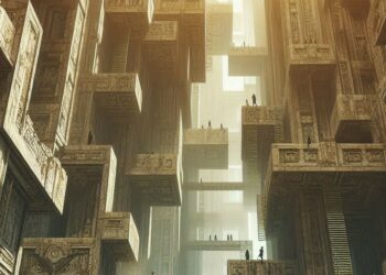un laberinto vertical antiguo donde la gente se pierde, arte digital