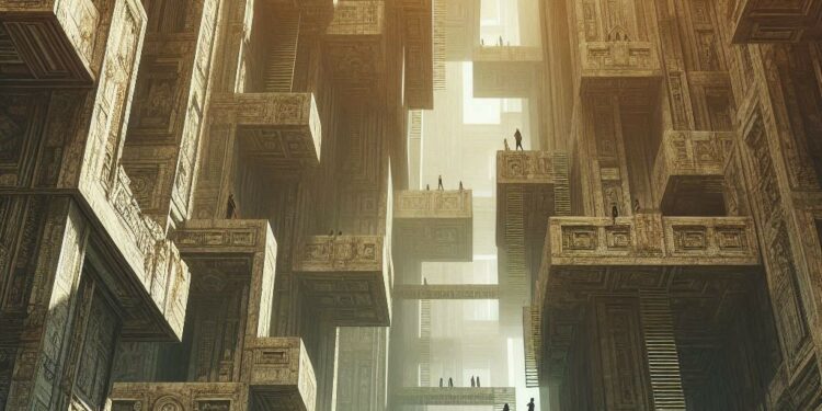 un laberinto vertical antiguo donde la gente se pierde, arte digital