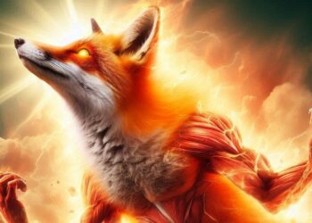 un zorro rojo haciendo una metamorfosis hacia un ser superior, estilo dragon ball