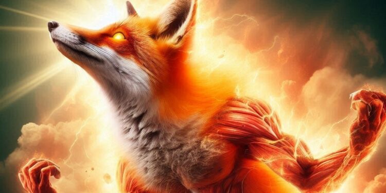un zorro rojo haciendo una metamorfosis hacia un ser superior, estilo dragon ball