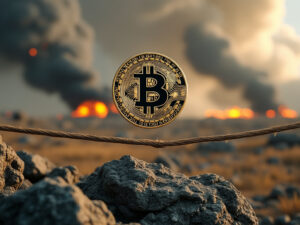 imagen de un desierto y detonaciones de guerra con una moneda de bitcoin