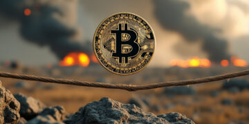 imagen de un desierto y detonaciones de guerra con una moneda de bitcoin