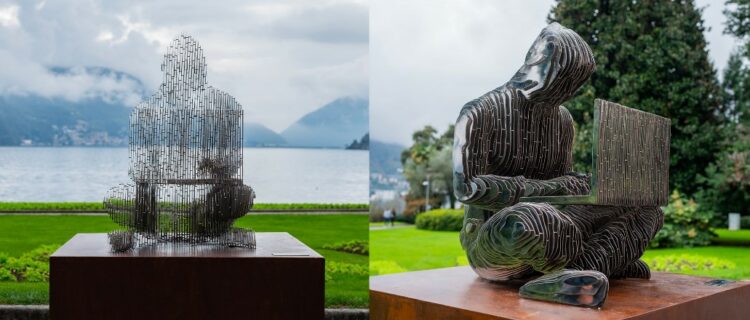 Una estatua de Satoshi Nakamoto creada por Valentina Picozzi, de Satoshigallery, expuesta en Lugano, Suiza.