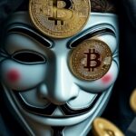 Máscara de Guy Fawkes con monedas de bitcoin en un ojo y en la frente.