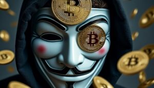 Mรกscara de Guy Fawkes con monedas de bitcoin en un ojo y en la frente.