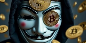 Máscara de Guy Fawkes con monedas de bitcoin en un ojo y en la frente.