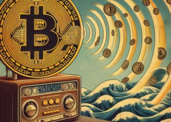 una onda de radio transmitiendo un bitcoin, arte de periodico viejo