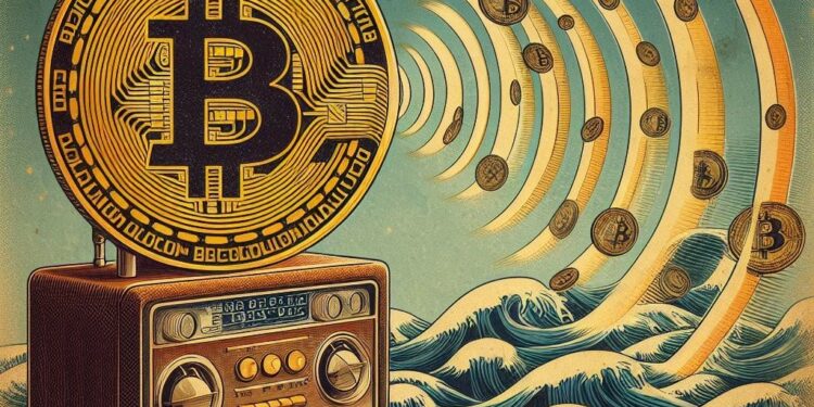 una onda de radio transmitiendo un bitcoin, arte de periodico viejo