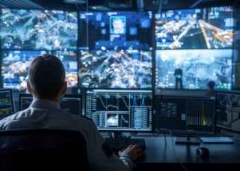 A focused security officer is overseeing a high-tech surveillance system with various live video feeds during a nighttime shift.