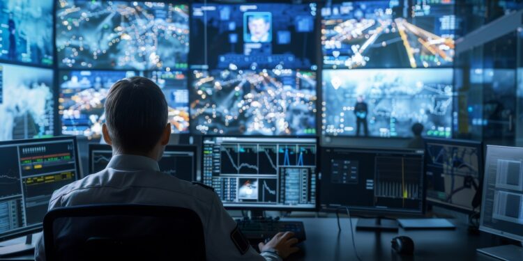 A focused security officer is overseeing a high-tech surveillance system with various live video feeds during a nighttime shift.
