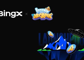 Logos de BingX y de Legend of Arcadia en fondo negro.