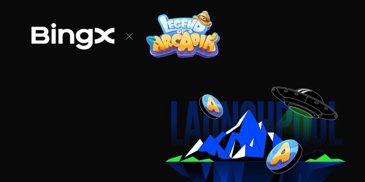 Logos de BingX y de Legend of Arcadia en fondo negro.