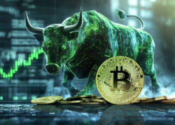Un toro digital en color verde sobre monedas de bitcoin.