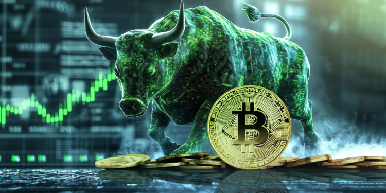 Un toro digital en color verde sobre monedas de bitcoin.