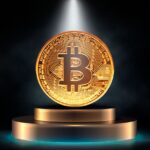 Una moneda dorada de bitcoin de canto en un pedestal.