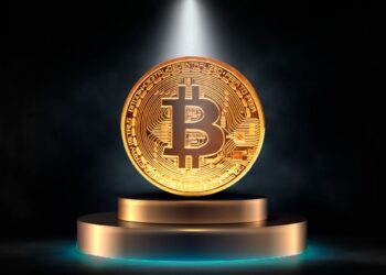 Una moneda dorada de bitcoin de canto en un pedestal.