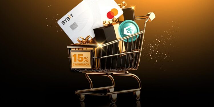 Tarjeta de debito y bolsas de compra en carro de compras.