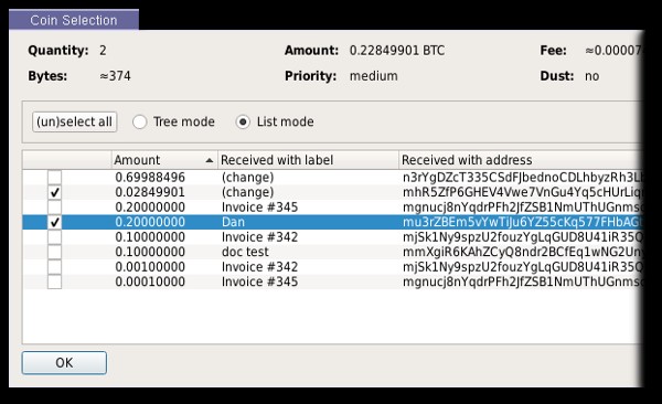 Interfaz de Bitcoin Core Wallet, Coin Control