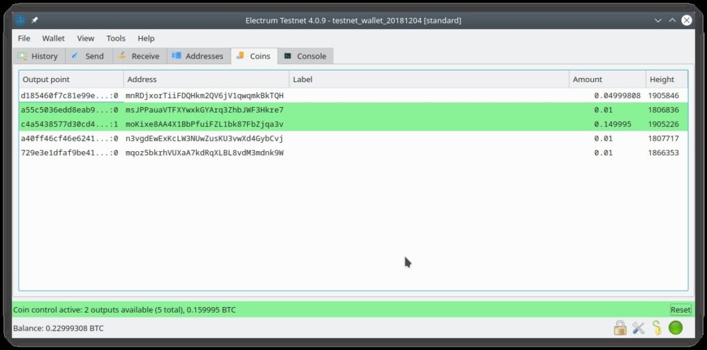 Opción de Coin Control en la interfaz de Electrum