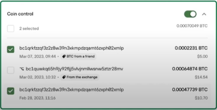 Interfaz de Trezor - Coin Control