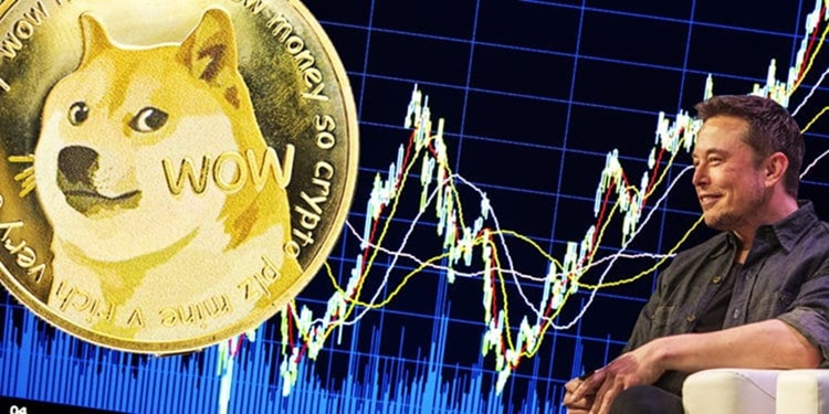 Moneda dorada con una cara de perro y la foto de Elon Musk.