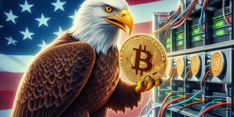 El aguila de los estados unidos operando una maquina minera de bitcoin