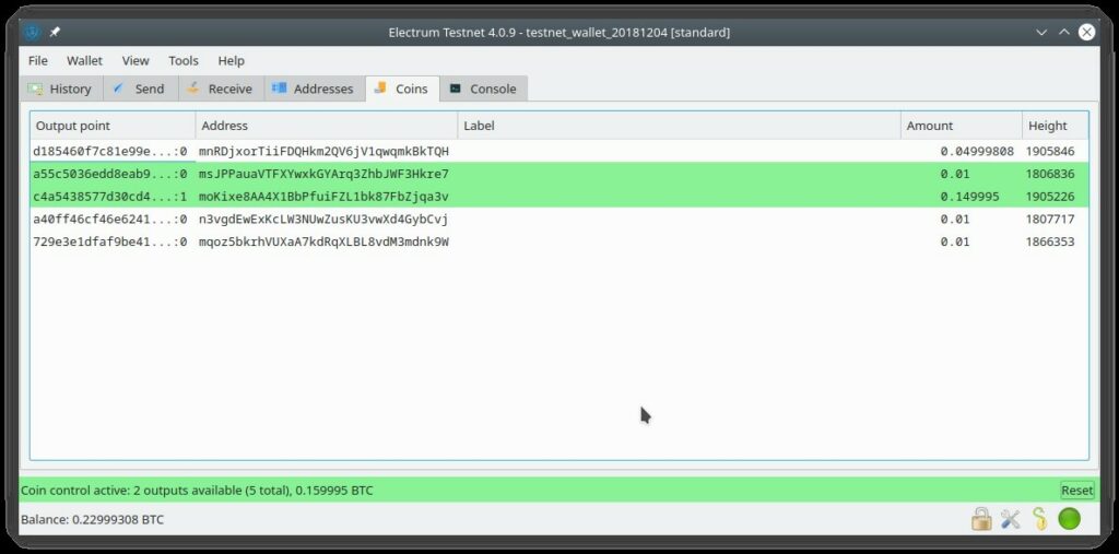Coin Control en Electrum