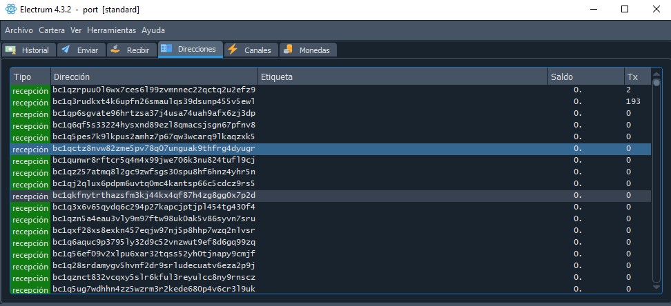 Direcciones sin usar en Electrum