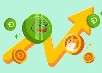 Monedas de memecoins sobre una flecha amarilla que asciende.
