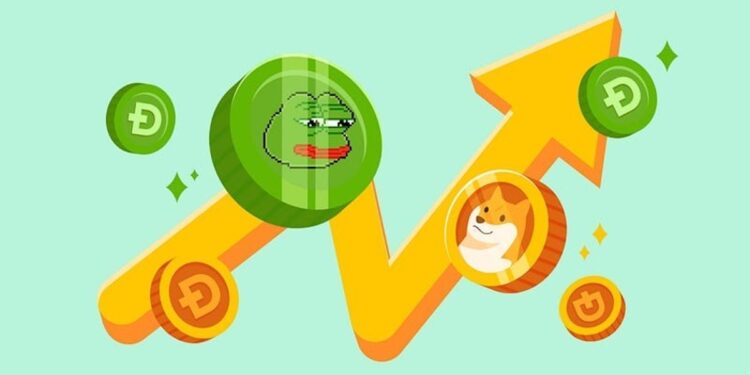 Monedas de memecoins sobre una flecha amarilla que asciende.