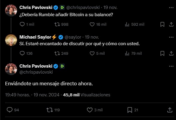 Conversación en X entre Saylor y Pvlvski sobre reservas en bitcoin