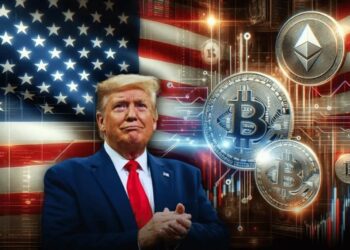 Donald Trump en traje azul, corbata roja con la bandera de Estados unidos detrás y un par de monedas de bitcoin al lado.