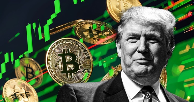 Donald Trump en traje y corbata negra y monedas de bitcoin flotando detrás.