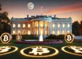 La casa Blanca iluminada con circulos con el logo de Bitcoin distribuidos en el césped.