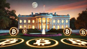 La casa Blanca iluminada con circulos con el logo de Bitcoin distribuidos en el césped.