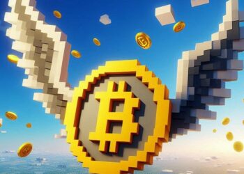 bitcoin con alas elevándose al cielo, estilo minecraft