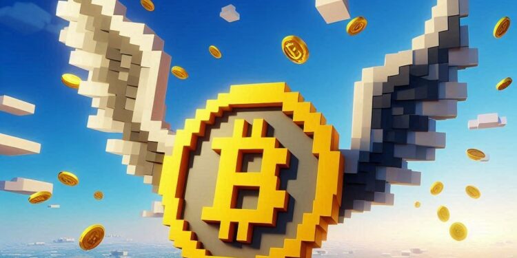 bitcoin con alas elevándose al cielo, estilo minecraft