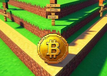 bitcoin frente a tres caminos distintos, estilo minecraft