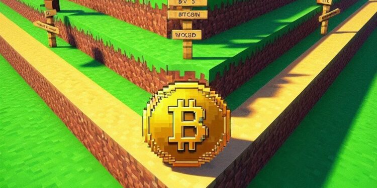 bitcoin frente a tres caminos distintos, estilo minecraft
