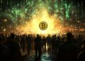 Una multitud de personas con el logo prominente de Bitcoin brillando en el centro, simbolizando el auge de la moneda digital y su impacto.